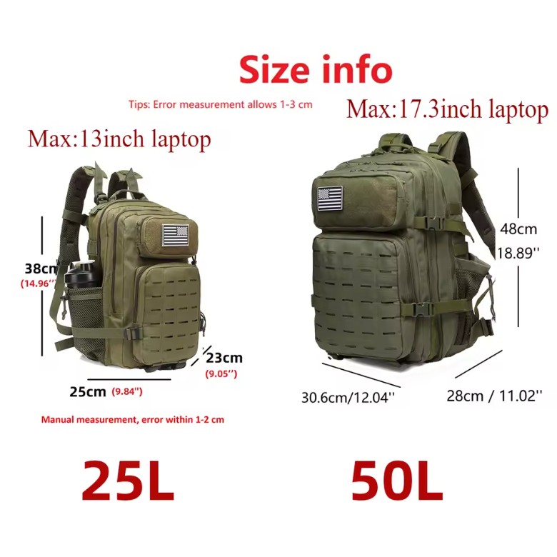 25L/50L Tactical MOLLE Backpack – Outdoor Hiking Hunting Bag with 2 Bottle Holders - Image 7